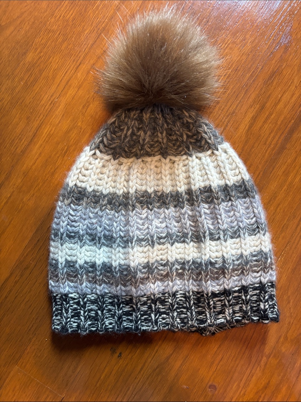Cashmere Striped Knit Pom Pom Beanie in Neutral Tones